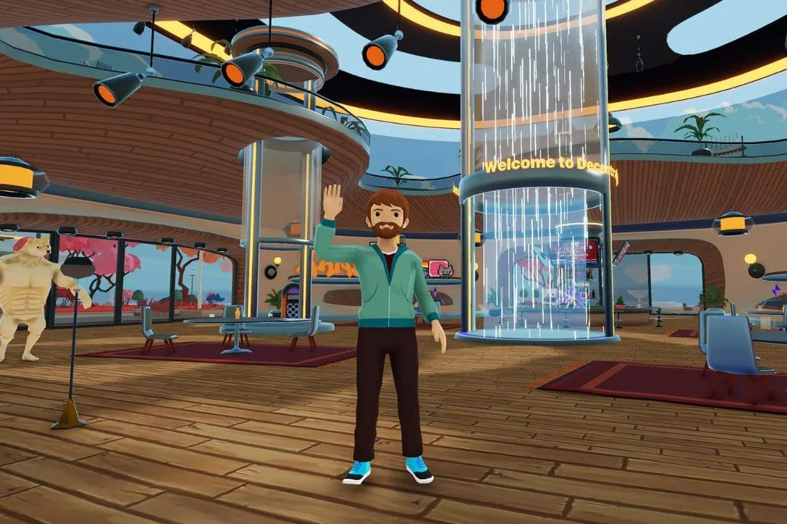 A screenshot of a player's avatar character in the virtual world of Decentraland.