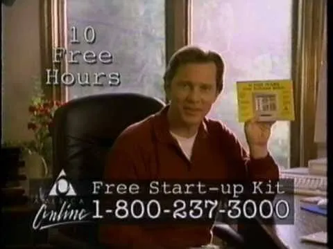 A screenshot of an early AOL commercial advertising the CD and ten free hours of use.