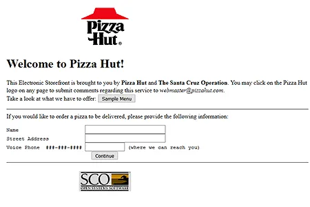 A screenshot of the Web 1.0 Pizza Hut user interface allowed customers to place an order.